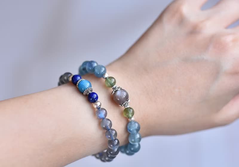 磷灰石+ 青金石+藍光拉長石純銀水晶手鍊