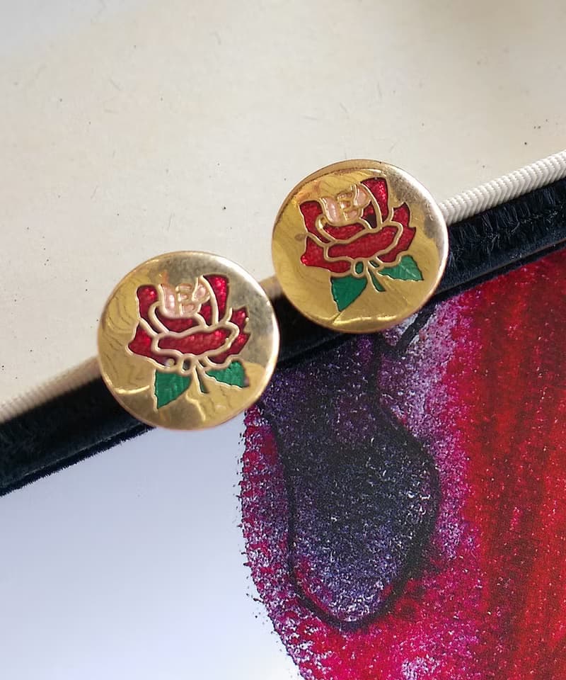 Vintage Jewelry 西洋古董飾品 景泰藍 紅玫瑰 小巧 針式耳環