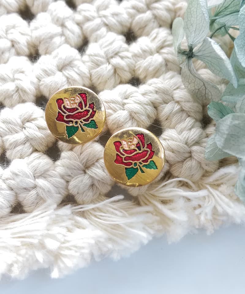 Vintage Jewelry 西洋古董飾品 景泰藍 紅玫瑰 小巧 針式耳環