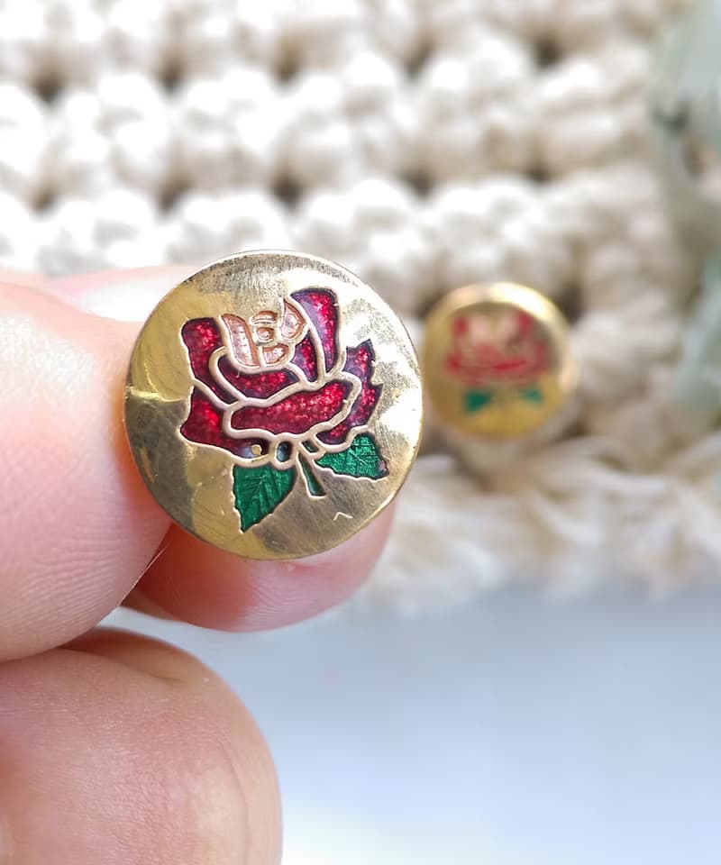 Vintage Jewelry 西洋古董飾品 景泰藍 紅玫瑰 小巧 針式耳環