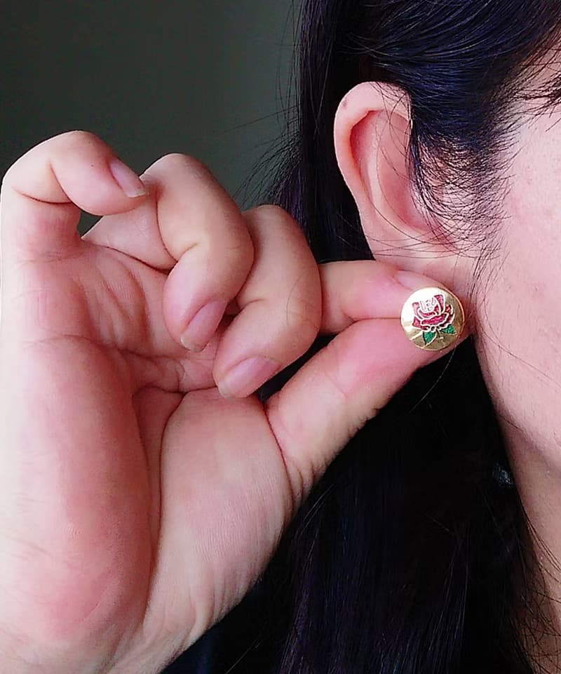 Vintage Jewelry 西洋古董飾品 景泰藍 紅玫瑰 小巧 針式耳環