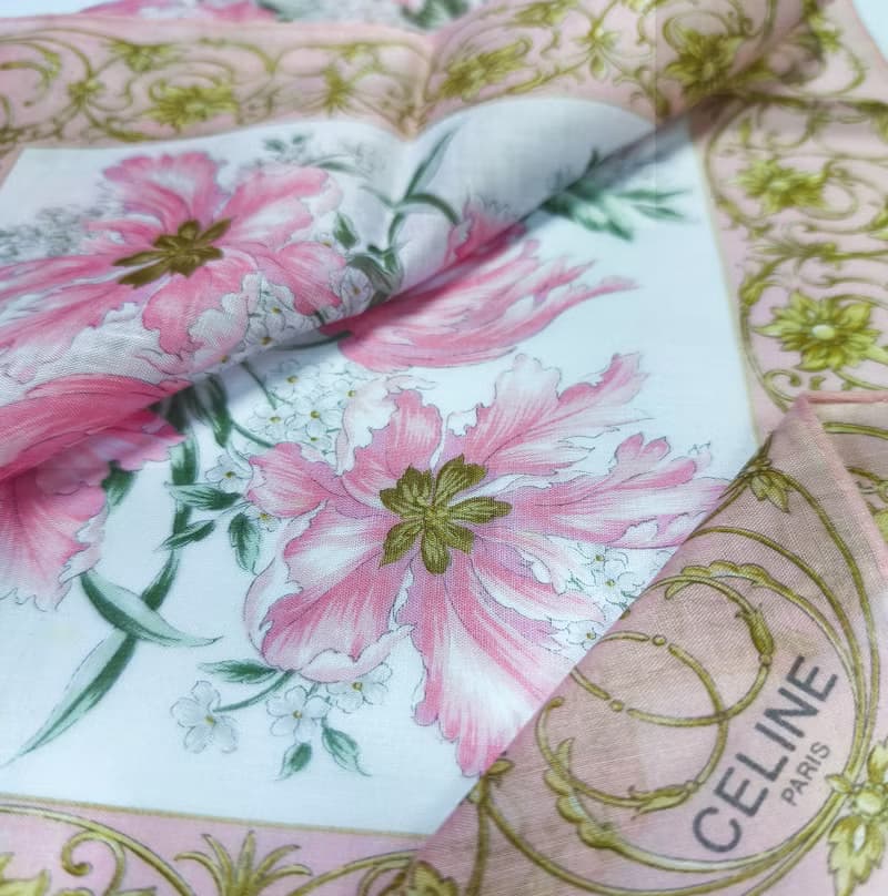 Celine Paris Vintage Handkerchief Pink Floral 19x 19 inches.