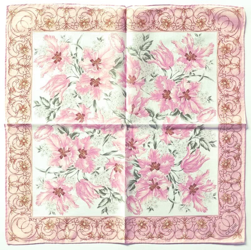 Celine Paris Vintage Handkerchief Pink Floral 19x 19 inches.