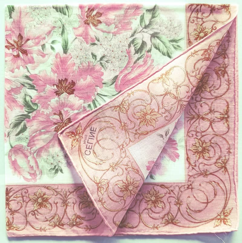 Celine Paris Vintage Handkerchief Pink Floral 19x 19 inches.