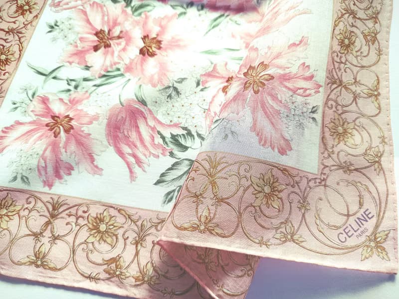 Celine Paris Vintage Handkerchief Pink Floral 19x 19 inches.