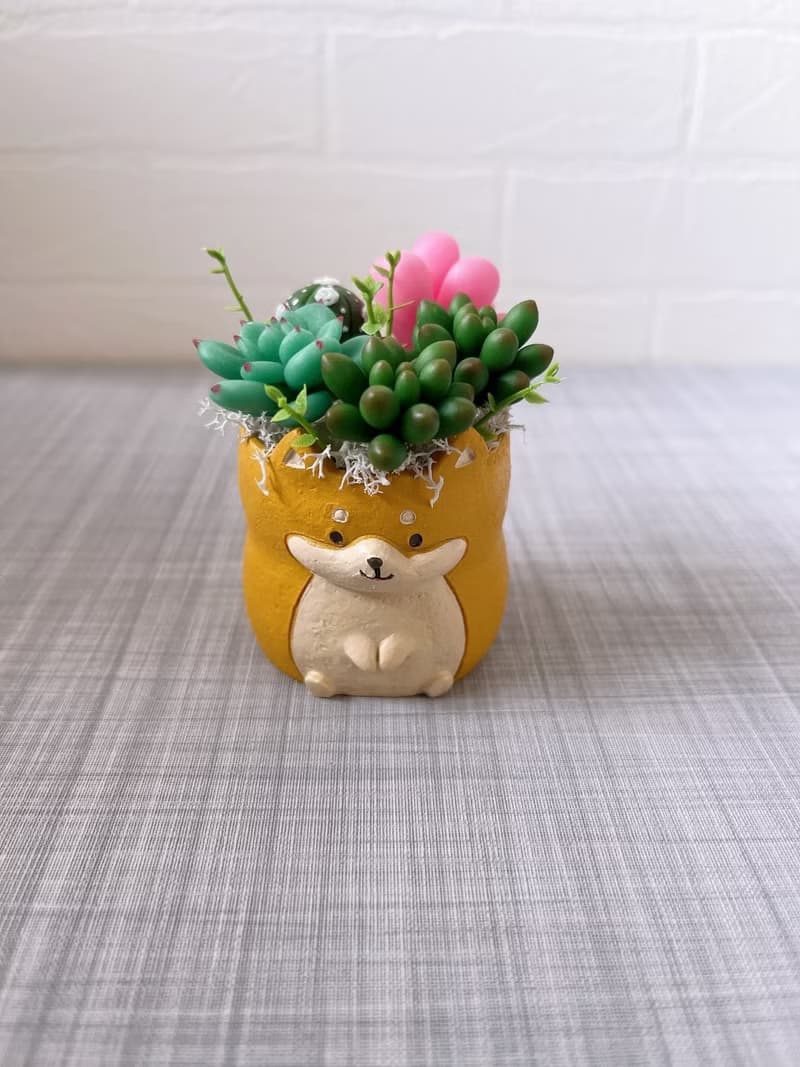【仿真黏土多肉植物組盆】黑黃柴犬