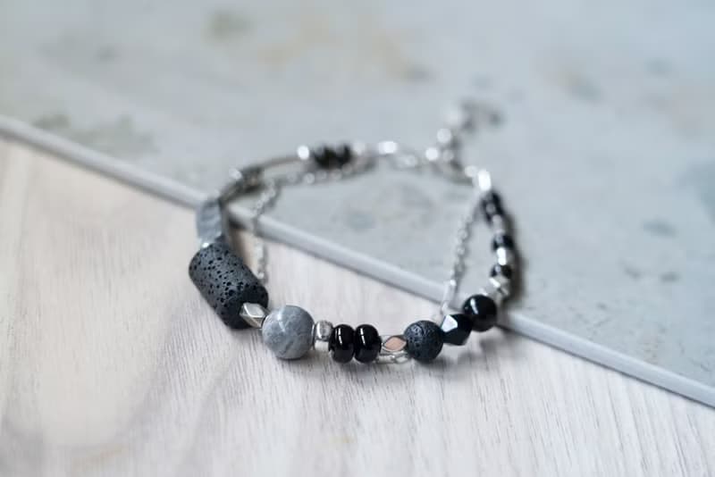 墨岩 - 火山石 黑曜石 地圖石 925純銀 雙鍊手鍊