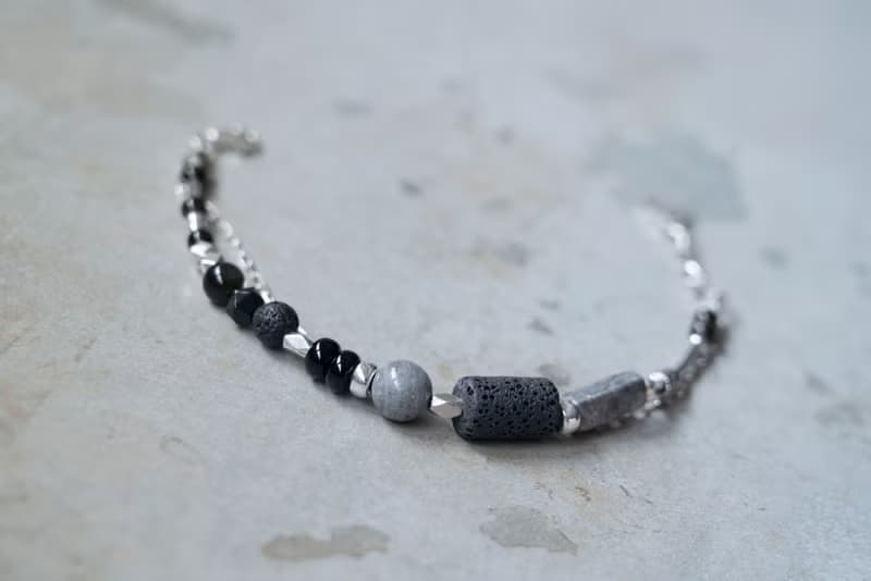 墨岩 - 火山石 黑曜石 地圖石 925純銀 雙鍊手鍊