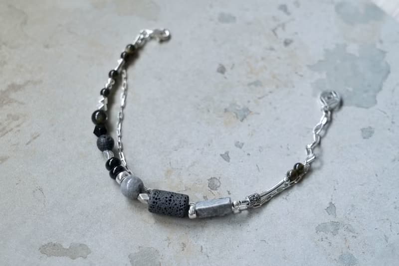 墨岩 - 火山石 黑曜石 地圖石 925純銀 雙鍊手鍊