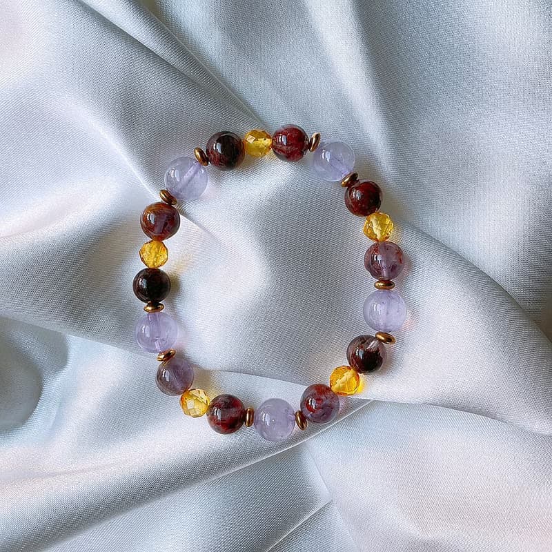 金色夢幻 │ 金琥珀 紫幽靈 紫水晶 銅 手鍊【療癒平靜】