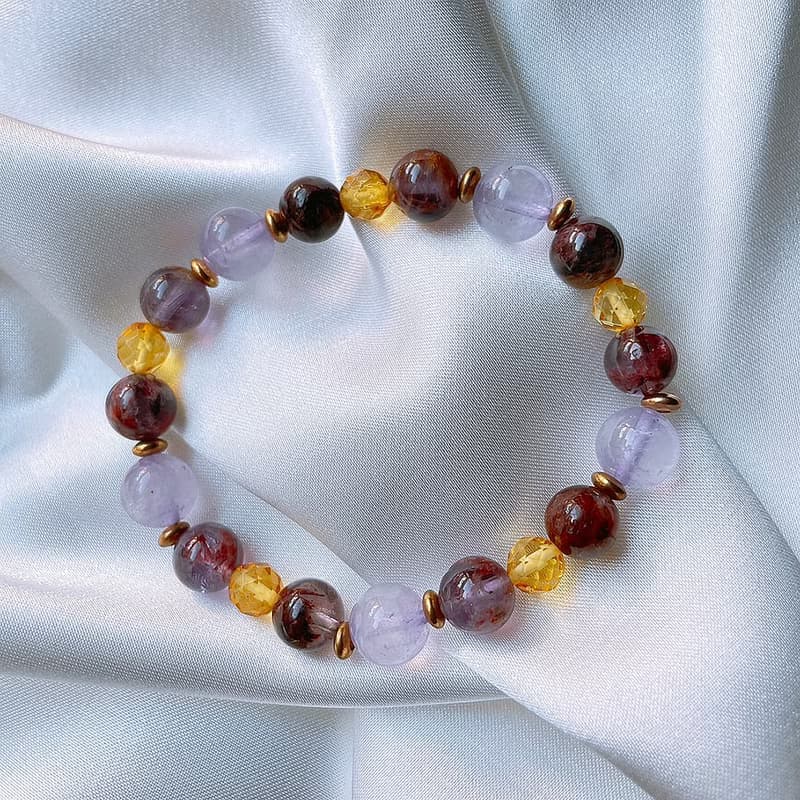 金色夢幻 │ 金琥珀 紫幽靈 紫水晶 銅 手鍊【療癒平靜】