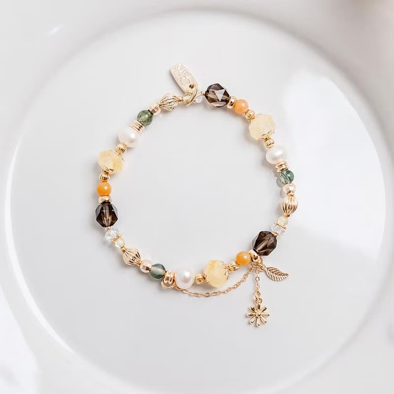 財運 x 黃水晶 黃玉 茶晶 水草瑪瑙 珍珠 【南島花開的記憶】手鍊