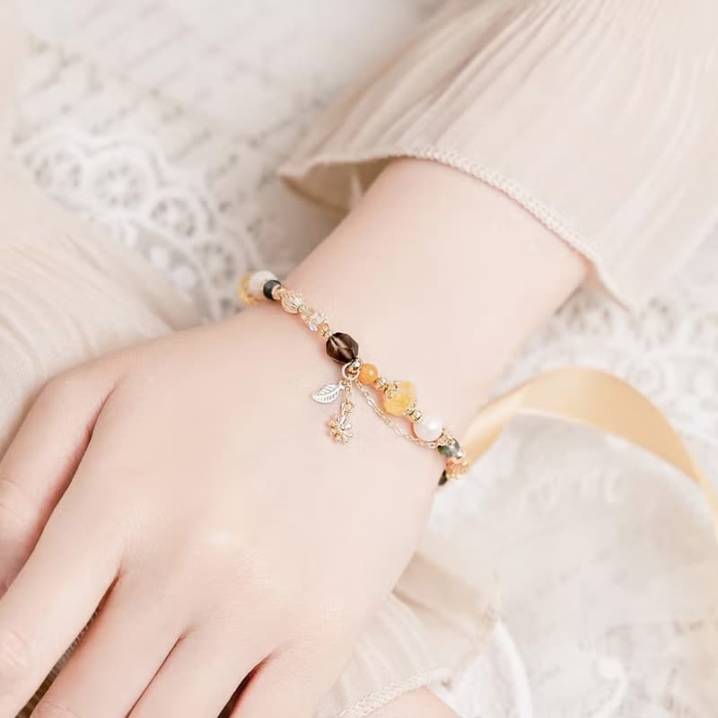 財運 x 黃水晶 黃玉 茶晶 水草瑪瑙 珍珠 【南島花開的記憶】手鍊