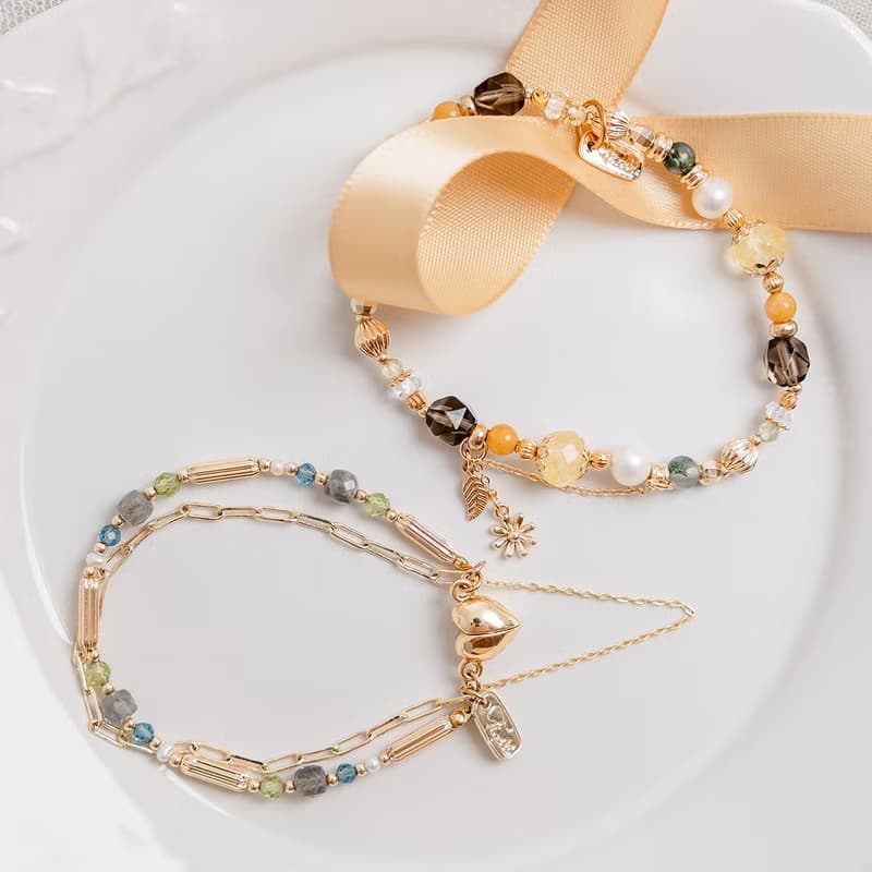 財運 x 黃水晶 黃玉 茶晶 水草瑪瑙 珍珠 【南島花開的記憶】手鍊