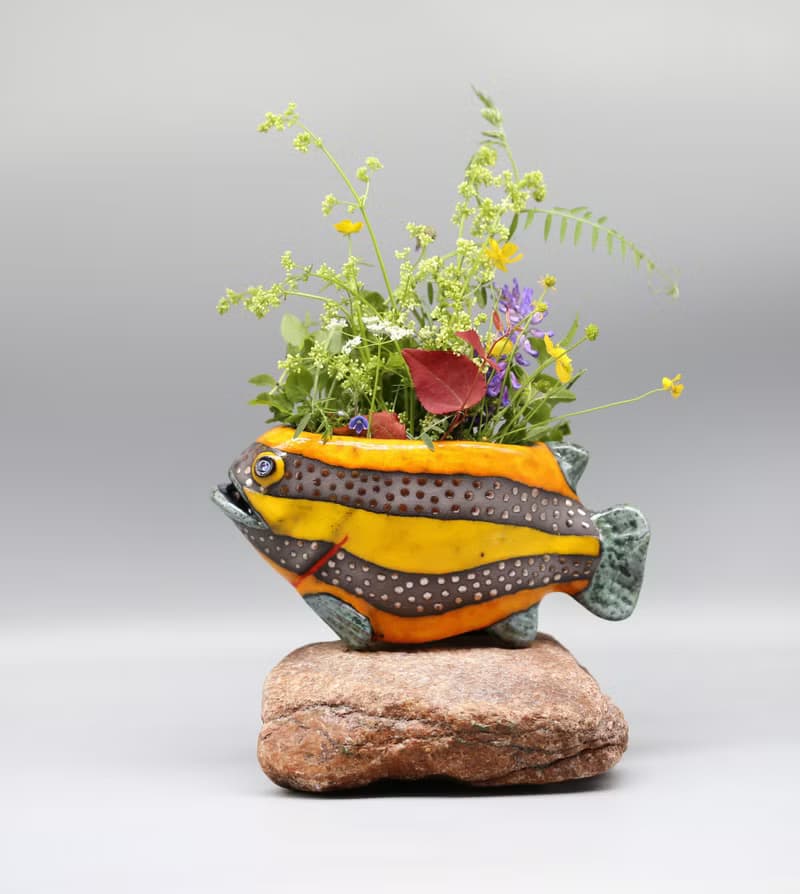 Handmade Ceramic Wall Vase – Colorful Fish Design
