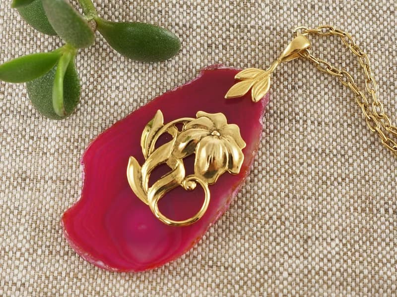 Pink Fuchsia Agate Slice Slab Golden Flower Floral Pendant Necklace Jewelry Gift