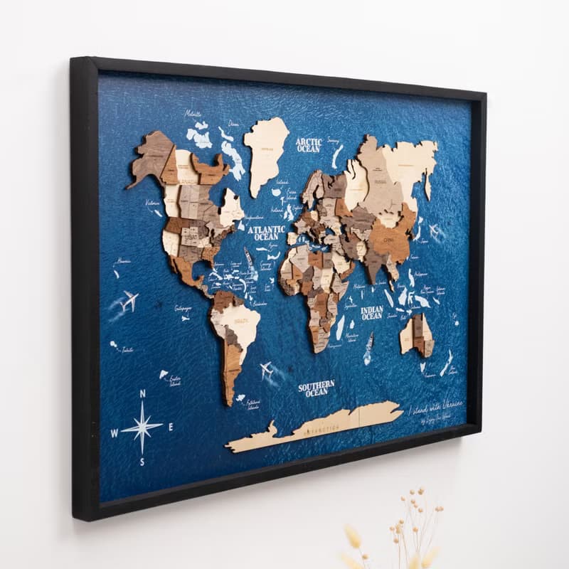 3D Wooden Map, World Map, 5th Anniversary Gift, Framed Wall Art, Christmas Gift