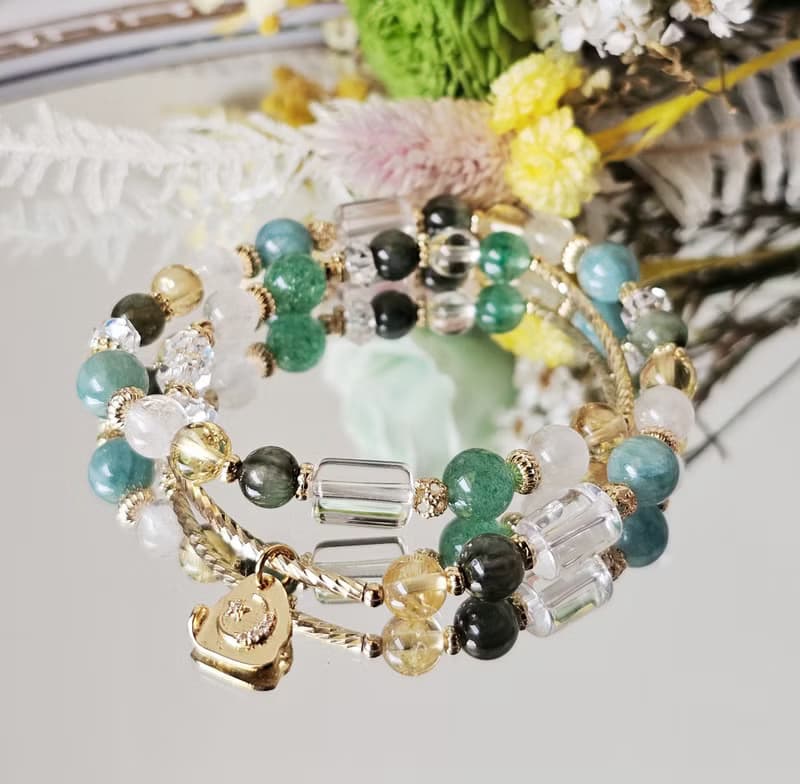 湖光溪畔-雙圈款/藍綠晶/綠髮晶/黃水晶/綠草莓晶/白幽靈水晶手鍊