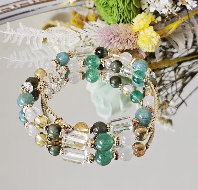 湖光溪畔-雙圈款/藍綠晶/綠髮晶/黃水晶/綠草莓晶/白幽靈水晶手鍊