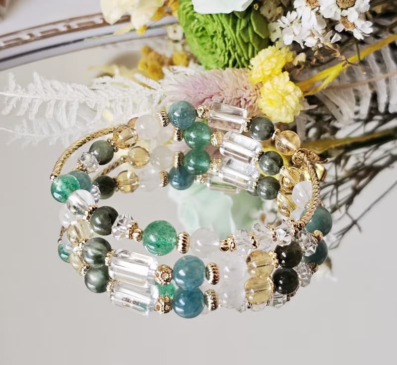 湖光溪畔-雙圈款/藍綠晶/綠髮晶/黃水晶/綠草莓晶/白幽靈水晶手鍊