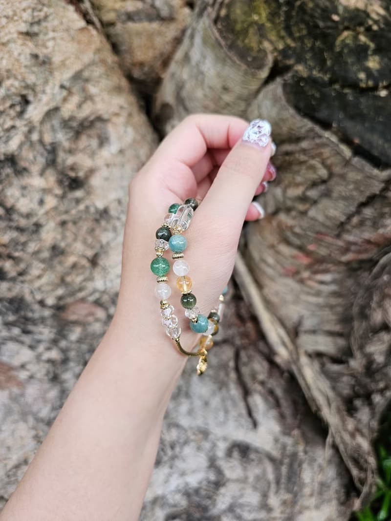湖光溪畔-雙圈款/藍綠晶/綠髮晶/黃水晶/綠草莓晶/白幽靈水晶手鍊