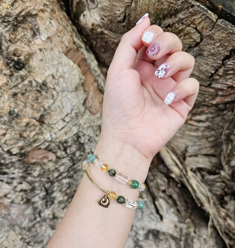 湖光溪畔-雙圈款/藍綠晶/綠髮晶/黃水晶/綠草莓晶/白幽靈水晶手鍊