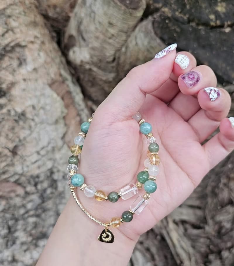 湖光溪畔-雙圈款/藍綠晶/綠髮晶/黃水晶/綠草莓晶/白幽靈水晶手鍊