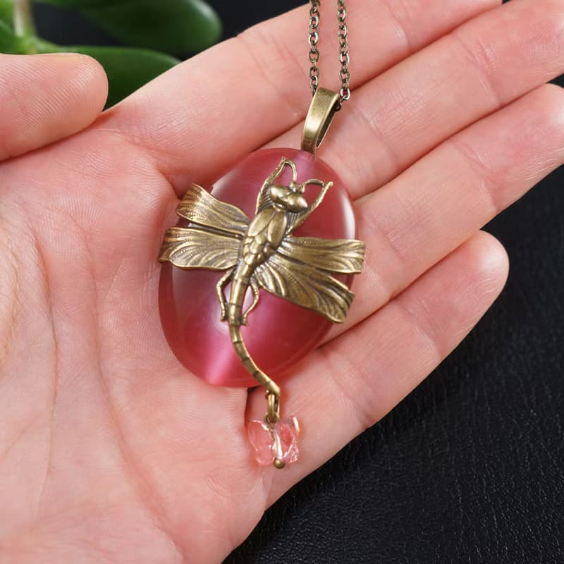 Pink Dragonfly Necklace Dusty Rose Cat Eye Oval Brass Pendant Necklace Jewelry