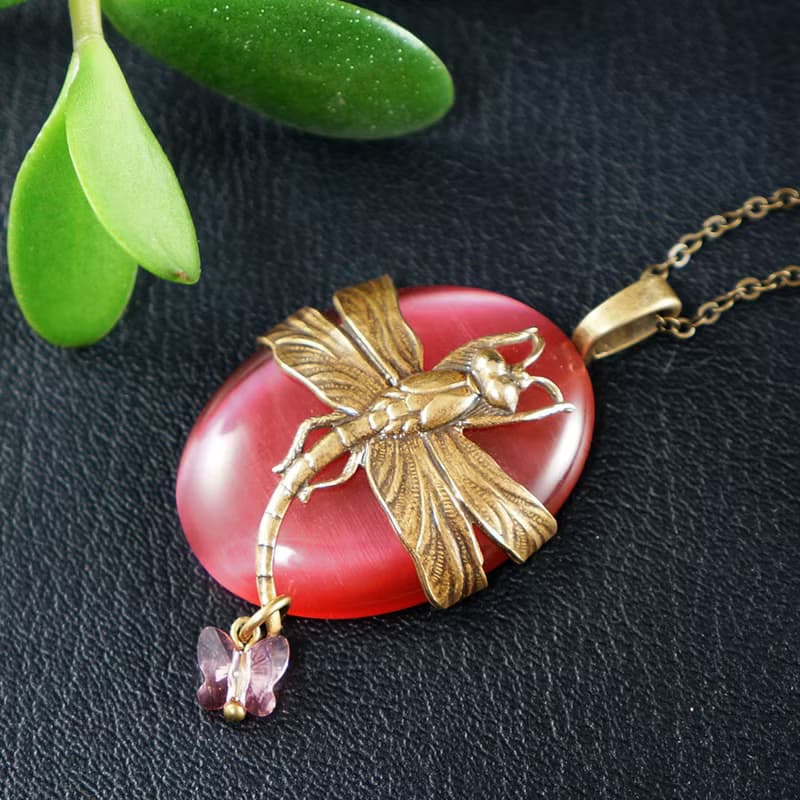 Pink Dragonfly Necklace Dusty Rose Cat Eye Oval Brass Pendant Necklace Jewelry