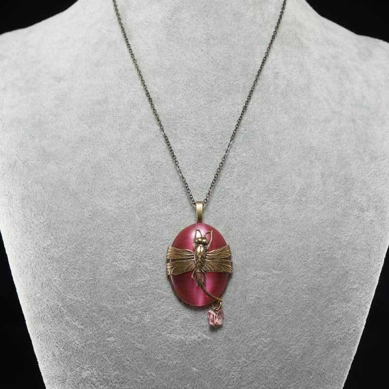 Pink Dragonfly Necklace Dusty Rose Cat Eye Oval Brass Pendant Necklace Jewelry