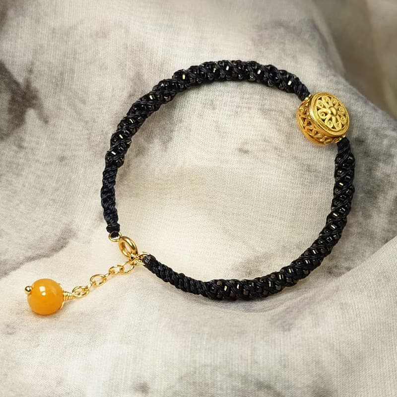 手鍊 掐絲圓形鍍金配件 琉璃珠 黃玉髓珠 蠟線 編織 手環