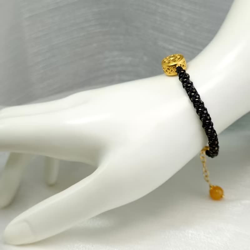 手鍊 掐絲圓形鍍金配件 琉璃珠 黃玉髓珠 蠟線 編織 手環