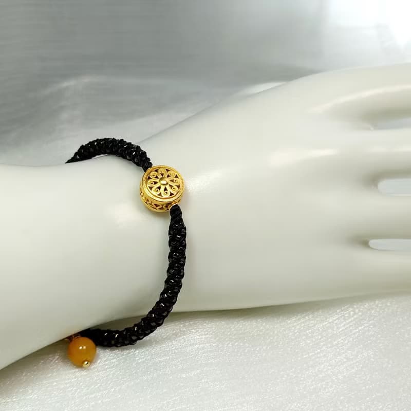 手鍊 掐絲圓形鍍金配件 琉璃珠 黃玉髓珠 蠟線 編織 手環