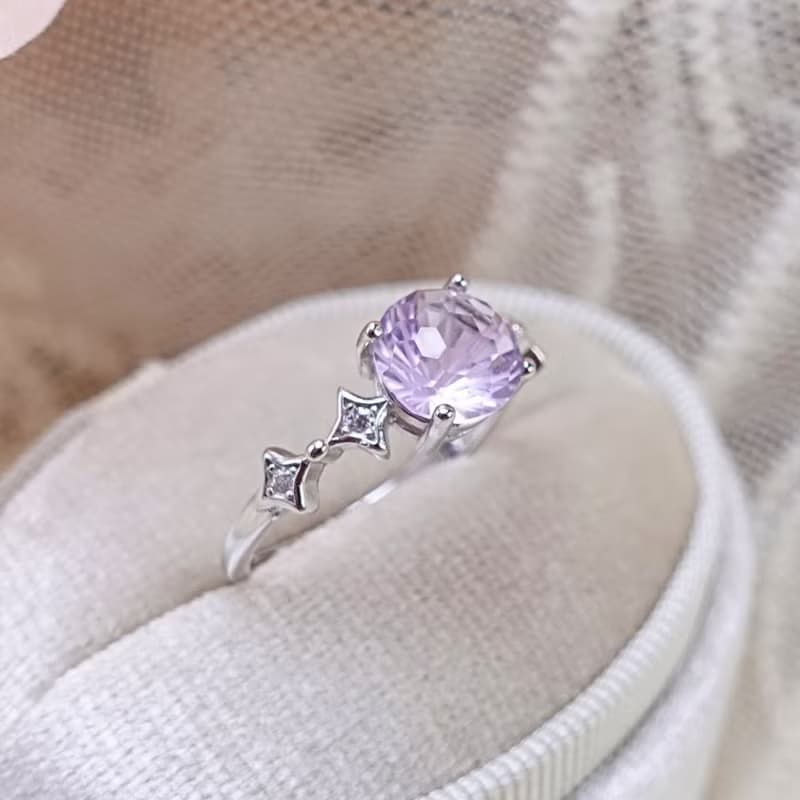 精緻花式切割 天然紫水晶 絲絨淡紫 優雅風格 開運水晶 純銀戒