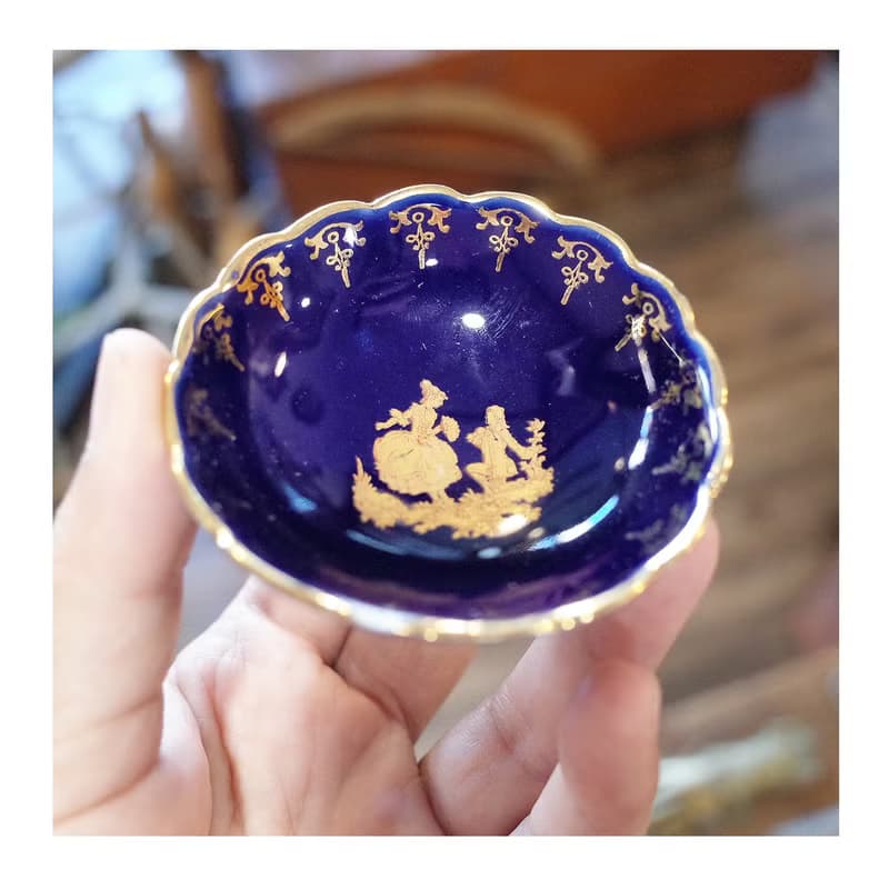 法國老件.瑕疵特價Limoges France鈷藍色金邊小瓷盤.小皿.瓷器