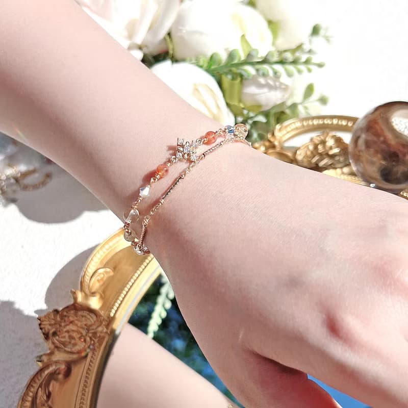 金太陽石 金髮晶 黃水晶 白水晶 14K包金 天然水晶 雙層鍊手鍊