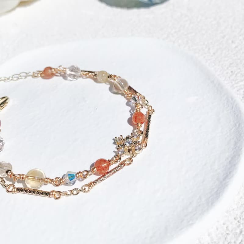 金太陽石 金髮晶 黃水晶 白水晶 14K包金 天然水晶 雙層鍊手鍊