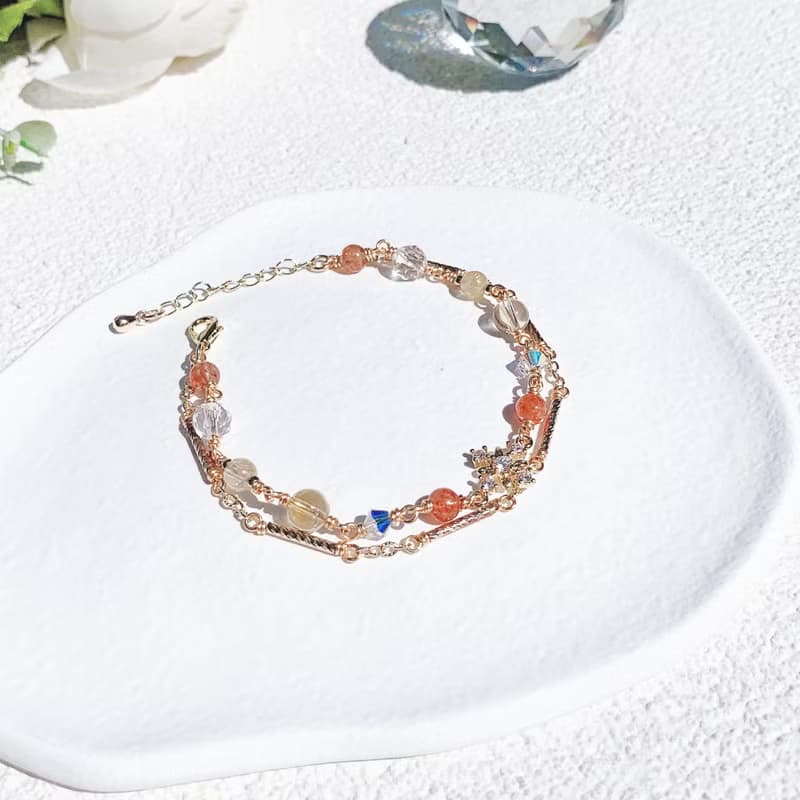 金太陽石 金髮晶 黃水晶 白水晶 14K包金 天然水晶 雙層鍊手鍊