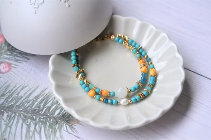 茉莉公主 -  松石、貝珠、磷灰石、淡水珍珠、天河石母乳飾品手鍊