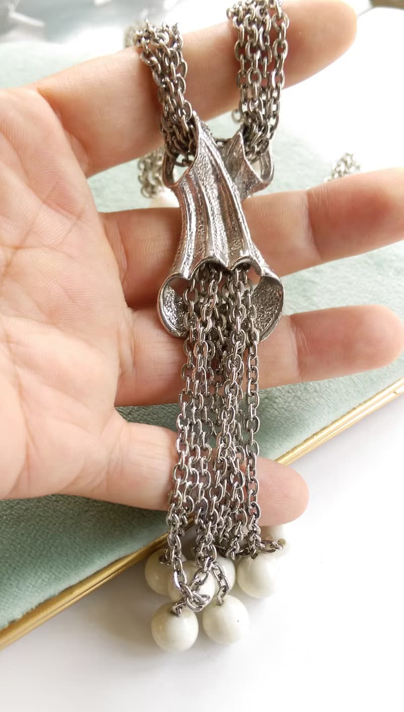 【西洋古董飾品】銀色調 白珠 流蘇 雙鍊 項鍊