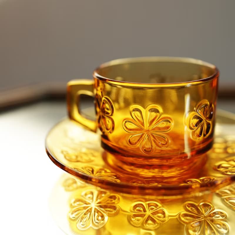 法國復古 Vereco 琥珀色 花朵圖案 玻璃杯碟 / 咖啡杯