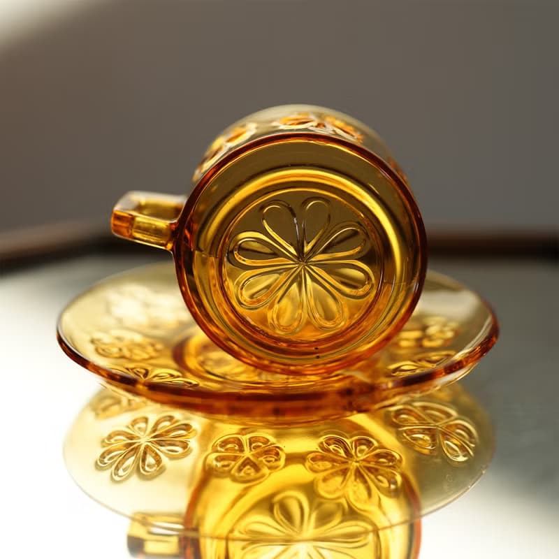 法國復古 Vereco 琥珀色 花朵圖案 玻璃杯碟 / 咖啡杯