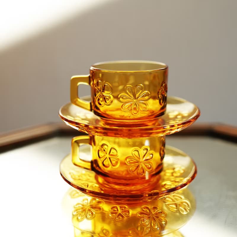 法國復古 Vereco 琥珀色 花朵圖案 玻璃杯碟 / 咖啡杯