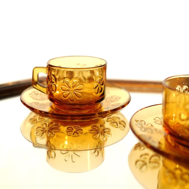 法國復古 Vereco 琥珀色 花朵圖案 玻璃杯碟 / 咖啡杯
