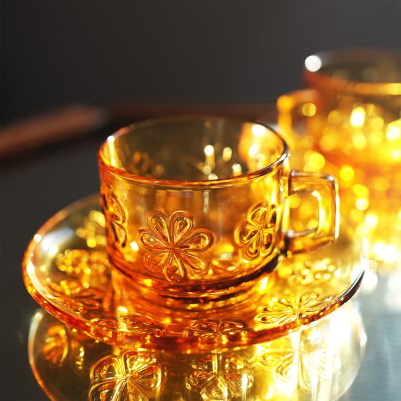 法國復古 Vereco 琥珀色 花朵圖案 玻璃杯碟 / 咖啡杯