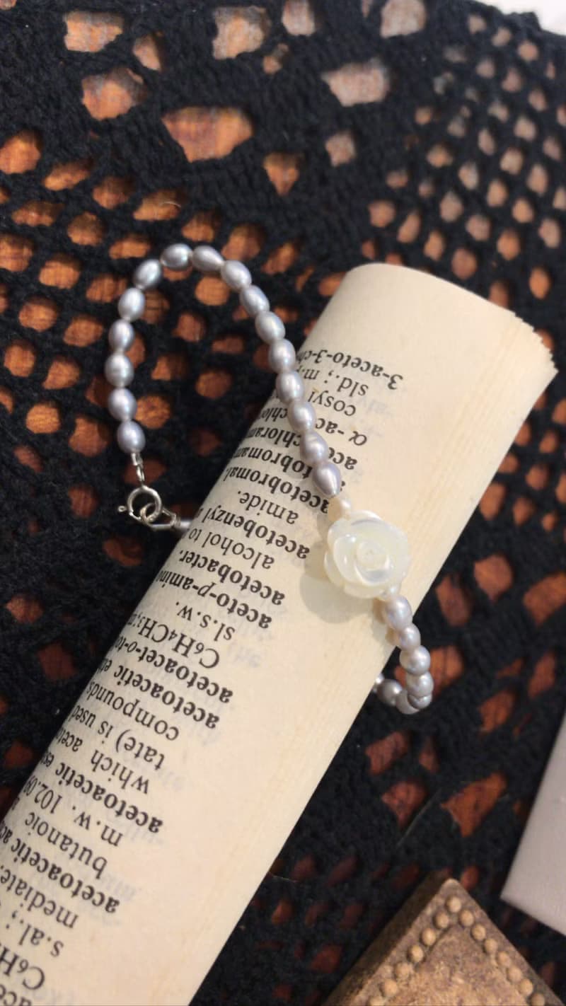 米粒珍珠/貝殼花/純銀手鍊