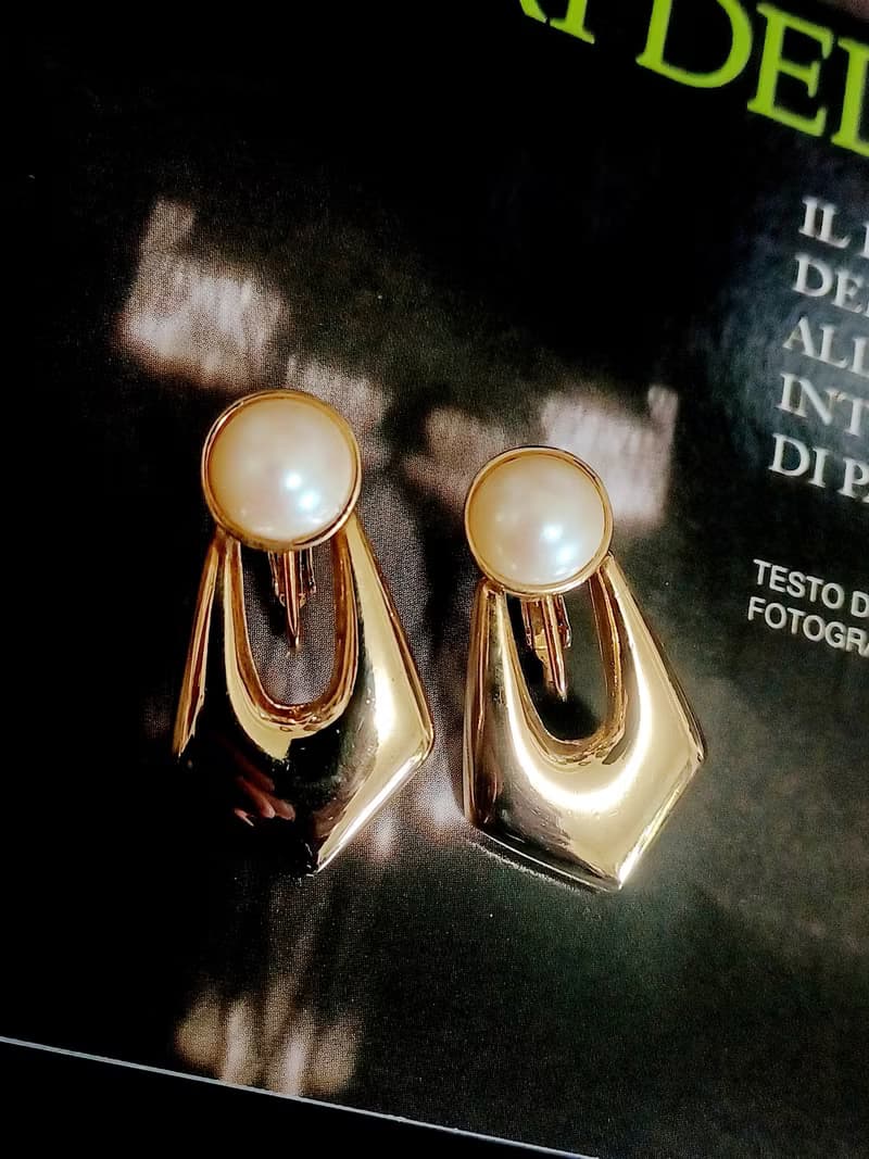 vintage jewelry  典雅金色垂墜鑲珠 夾式耳環