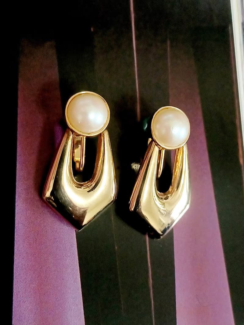 vintage jewelry  典雅金色垂墜鑲珠 夾式耳環
