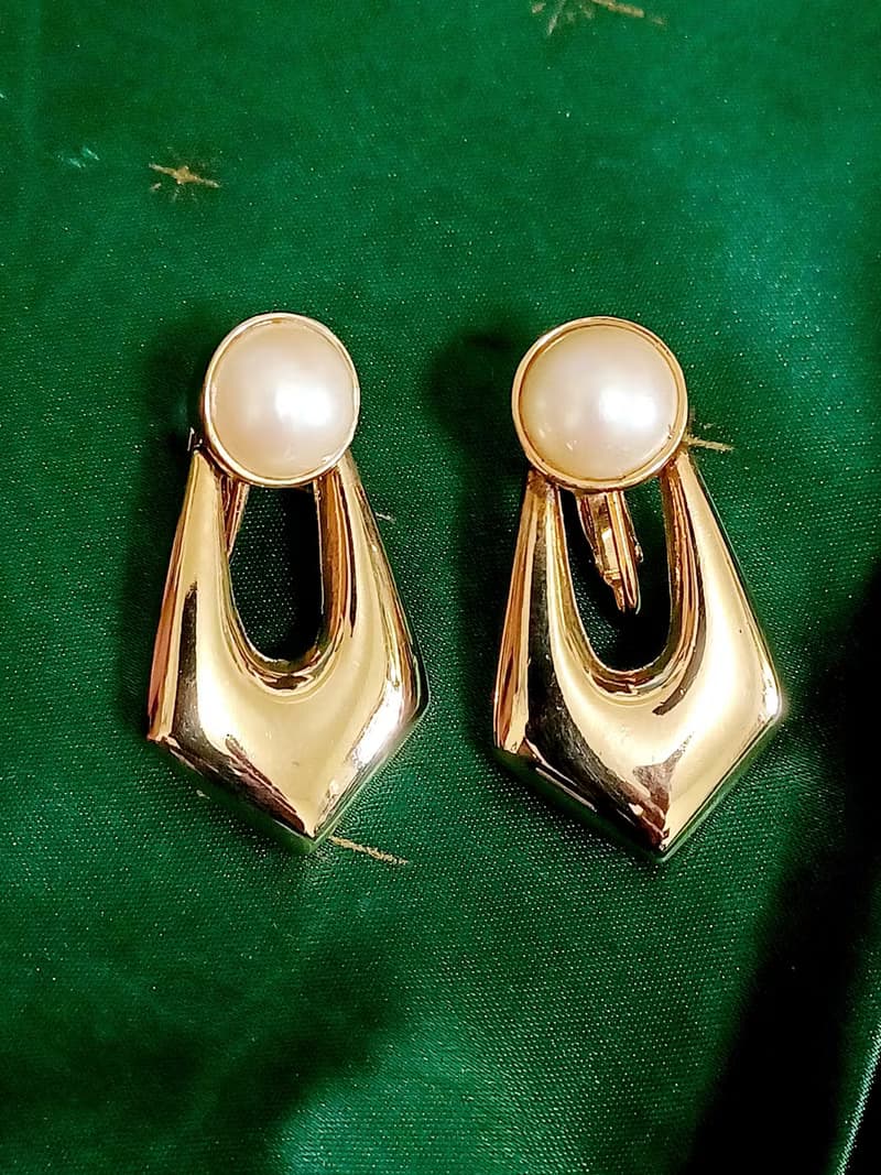 vintage jewelry  典雅金色垂墜鑲珠 夾式耳環
