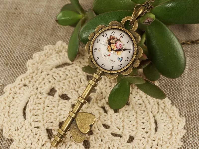 Large Bronze Vintage Key Rose Floral Watch Face Home Jewelry Pendant Necklace